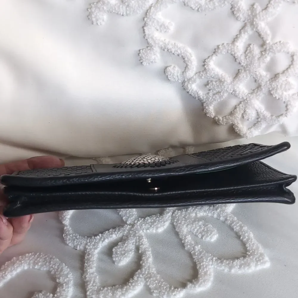 Brighton Talana Large Slim Wallet Woven Black Leather With Silver Medallion NWOT